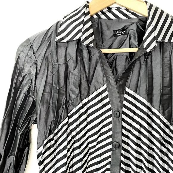 Beluva San Francisco Pleated Button Down Shirt Blouse Black White Striped XS - Picture 2 of 10